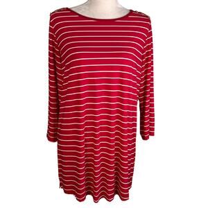 Susan Graver Liquid Knit Tunic Red White Stripe Gold Buttons Large New